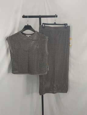 Steve Madden Crochet Knit 2 Piece Set Gray Mesh Top Midi Skirt Medium NWT Boho